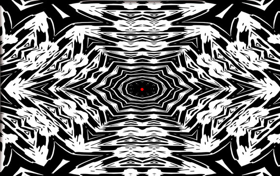 This visually arresting composition features a meticulously balanced black and white pattern, with a central red dot providing a bold counterpoint to the surrounding complexity.