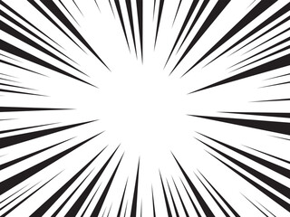 Comic speed line background, manga radial anime. Cartoon emphasis superhero frame, impact burst effect. Splash blast black bg. Graphic boom ray pop art. Abstract action element. Vector illustration