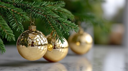 christmas tree decorations, detailed close-up of shiny ornaments, tinsel, and fairy lights on a christmas tree branch with a warm golden ambiance an artistic holiday composition