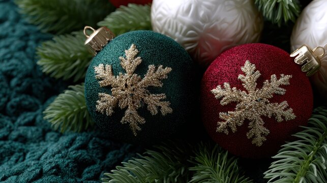 luxury christmas ornaments, luxurious seamless christmas pattern with ornaments, snowflakes, stars, and ribbons in rich gold, red, and green high-resolution and ultra-realistic