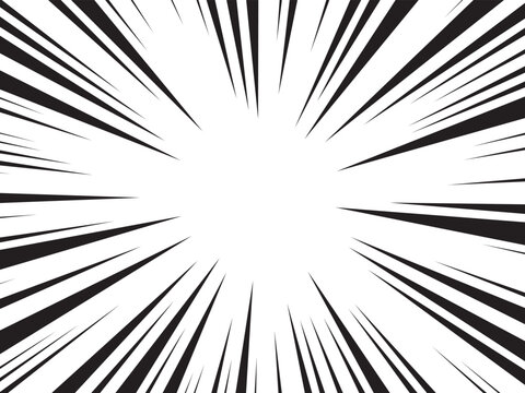 Comic speed line background, manga radial anime. Cartoon emphasis superhero frame, impact burst effect. Splash blast black bg. Graphic boom ray pop art. Abstract action element. Vector illustration
