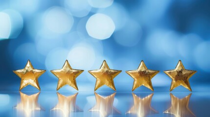 Five golden star-shaped trophies on reflective surface with blue bokeh background, symbolizing achievement and excellence.