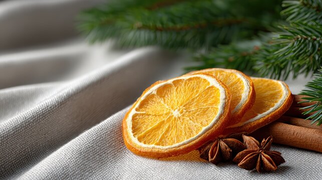 holiday table decor, rustic christmas table setting with dried orange slices, cinnamon sticks, and anise stars on a linen cloth, against a blurred evergreen backdrop - Powered by Adobe