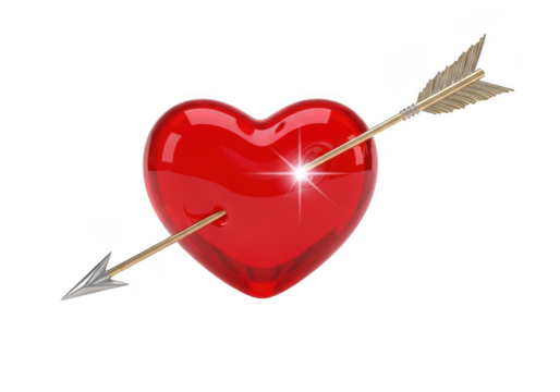 Red heart pierced by golden arrow on black background