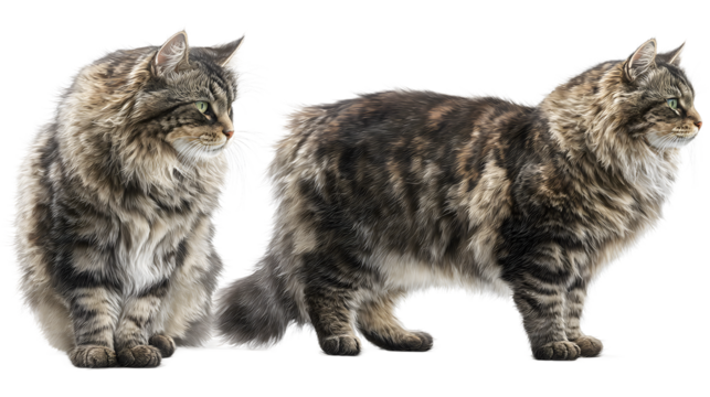 Majestic long-haired tabby cat with striking green eyes, captured in a dynamic pose showcasing its luxurious fur and regal presence.