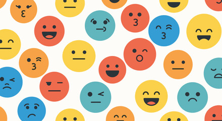 Lively seamless pattern bursting with a vibrant array of colorful emoji faces, each displaying a different emotion and expression, creating a cheerful background.