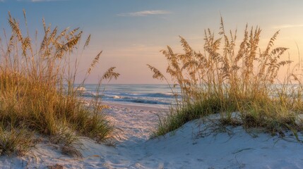 Waves gently lap at the shore as golden grass sways in the soft breeze. A serene beach scene captures the peaceful beauty of sunset by the ocean.