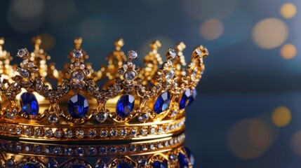 Obraz premium A golden crown adorned with blue gemstones and sparkling diamonds. The background features a soft bokeh effect, enhancing the regal appearance.