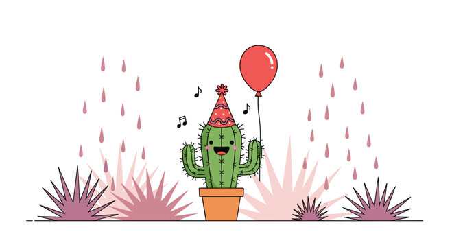 Joyful cartoon cactus character wearing a festive party hat, happily holding a red balloon, surrounded by whimsical desert plants and gentle raindrops. - Powered by Adobe