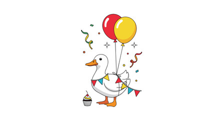 Festive illustration features a cheerful duck adorned with a garland, holding colorful balloons, surrounded by confetti and a sweet cupcake, celebrating a birthday.