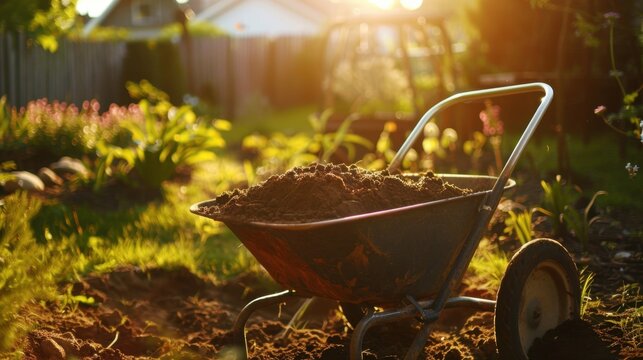 A wheelbarrow filled with soil sits in a sunlit garden. Green grass and plants surround the scene, creating a peaceful outdoor atmosphere. - Powered by Adobe