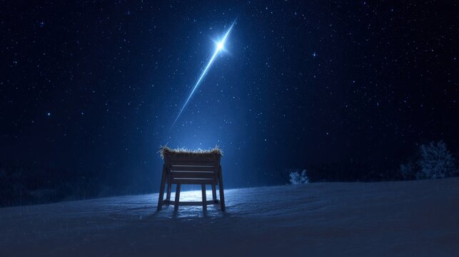 A serene night scene captures a celestial spectacle, a beacon of hope against the backdrop of a starlit sky. A lone manger stands illuminated. Created with Generative AI, not depicting real subjects.