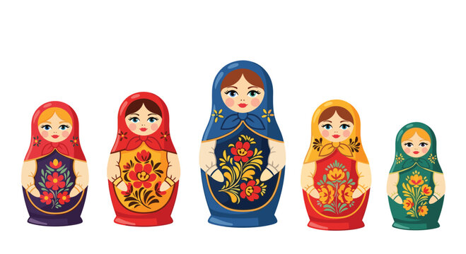 Exquisite collection of five traditional Russian nesting dolls, known as Matryoshka dolls, showcasing intricate floral patterns and vibrant colors, representing rich cultural heritage.