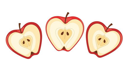 Three heart-shaped cross-sections of red apples, revealing their core and seeds, artistically arranged to symbolize love, passion, and healthy indulgence.