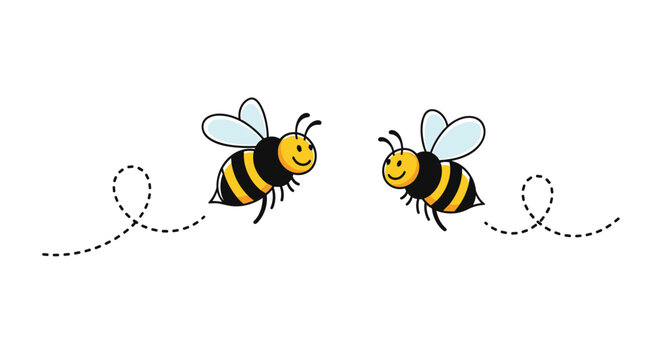 Two cheerful cartoon bees with dotted flight paths, flying towards each other, embodying friendship, teamwork, and the buzz of nature in a playful design.