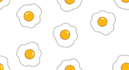 A repeating pattern of sunny-side-up fried eggs with bright yellow yolks and white edges, on a white background, ideal for breakfast and food themes.