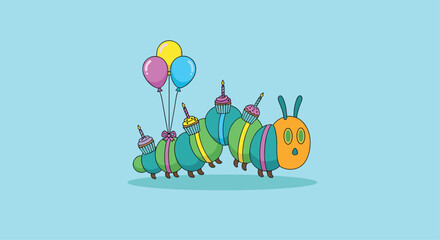 Whimsical and adorable caterpillar wearing miniature party hats and carrying colorful balloons, with cupcakes on its segments, celebrating a delightful birthday event.
