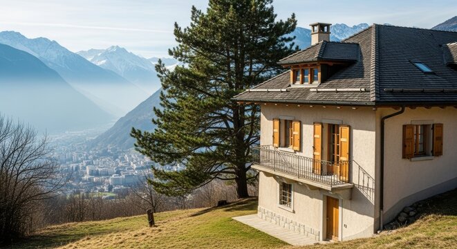 Luxury mountain home with a scenic balcony view. Traditional alpine villa with wooden shutters overlooking a valley. Real estate investment for a serene travel destination