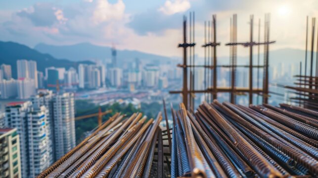 Construction site with steel rods and city skyline in the background. The scene captures urban development and modern architecture.