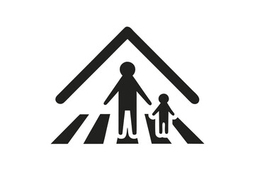 Black icon depicts an adult and child crossing a pedestrian walkway, isolated transparent background