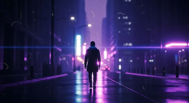 Neon night city silhouette man walking futuristic photo illustration