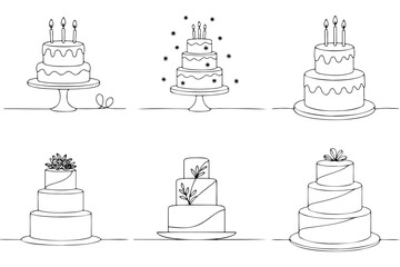Collection of line-drawn wedding cakes in various styles and designs  
