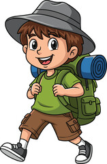 Cartoon boy hiking with backpack and sleeping mat, cheerful child in outdoor gear, vector illustration for camping, adventure, nature, and exploration themes