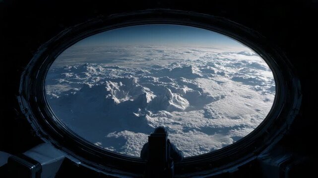 Astronaut observing breathtaking snowy landscape from space station window