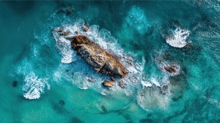 Naklejka premium A stunning view of a rocky outcrop surrounded by vibrant turquoise water. Waves crash gently against the stone in a serene setting during bright daylight.