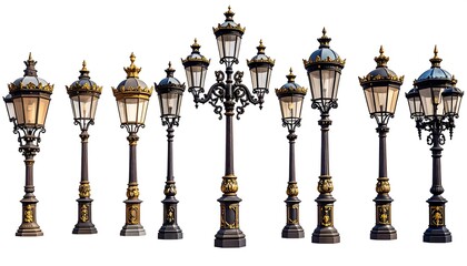 Assorted elegant street lamps in a row, with ornate, decorative designs