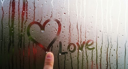 A human finger draws a heart and the word love on a steamy window. Romantic message for Valentine's Day. Close up on condensation and water droplets. Heartfelt symbol of affection