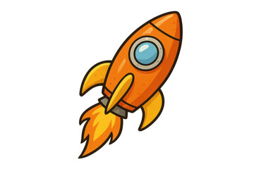 Fototapeta premium Rocket launching icon, cartoon spaceship flying with fire exhaust, adventure, exploration, and startup concept, transparent background