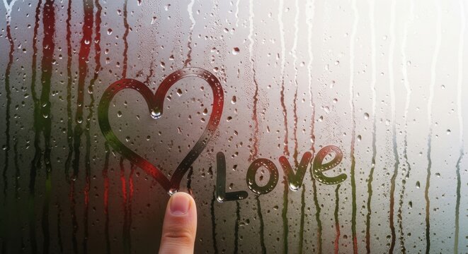 A human finger draws a heart and the word love on a steamy window. Romantic message for Valentine's Day. Close up on condensation and water droplets. Heartfelt symbol of affection - Powered by Adobe