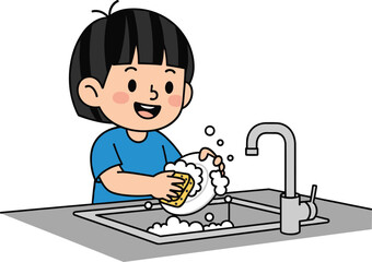 Fototapeta premium Cartoon child washing dishes at kitchen sink, smiling kid with sponge and soap suds, vector illustration for chores, hygiene, and responsibility themes