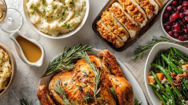 Beautifully arranged Thanksgiving feast with golden roasted turkey, creamy mashed potatoes, fresh green beans, savory stuffing, tangy cranberry sauce. Perfect for holiday gatherings, celebrations