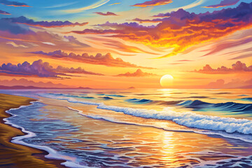 Obraz premium Early sunrise over Myrtle Beach vector illustration with orange sky and gentle waves washing golden sand