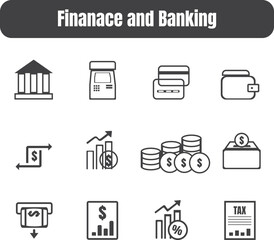 Finance and Banking Line Icons Set . Money, Investment, Payment, Wallet, Tax, and ATM Symbols .