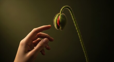 Human hand gently touching a delicate poppy flower bud. Connection between humanity and nature. New beginnings and personal growth metaphor. Fragile ecosystem and environmental care