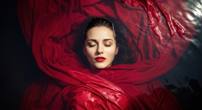 Serene young woman with perfect red lipstick floating in dark water. High fashion beauty portrait with flowing fabric. Conceptual spa and wellness treatment for relaxation