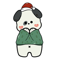 Shy Dog in Green Sweater and Santa Hat