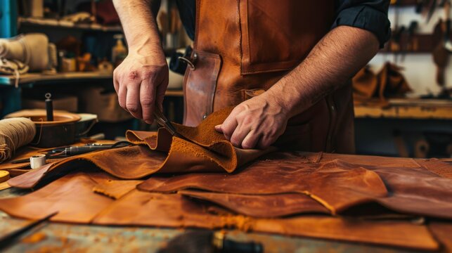 A man with short brown hair and a beard works on leather in a workshop. He wears a brown apron and uses tools on pieces of leather.
