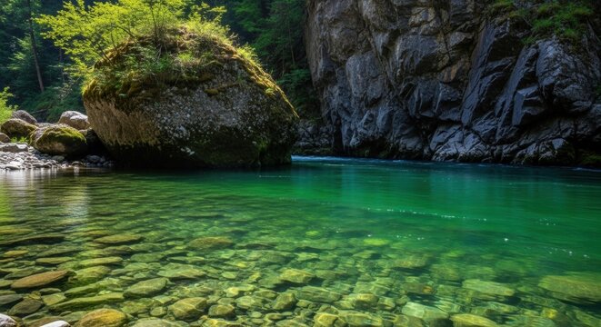 Crystal clear mountain river with vibrant green water. Scenic rocky gorge with lush forest. Transparent stream revealing a stony riverbed. Concept of natural purity and ecology - Powered by Adobe