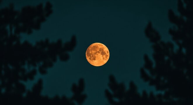 Orange full moon glowing in a dark teal sky. Detailed lunar surface with craters. Celestial event framed by tree silhouettes. Mysterious nightscape for Halloween or astronomy