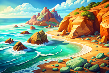 Laguna Beach cliffs and rocks surrounded by turquoise waves and sunlight reflections © Evan