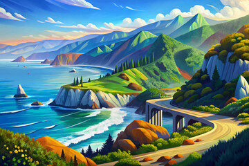 Majestic Big Sur coastline with cliffs, blue Pacific Ocean, and winding scenic highway