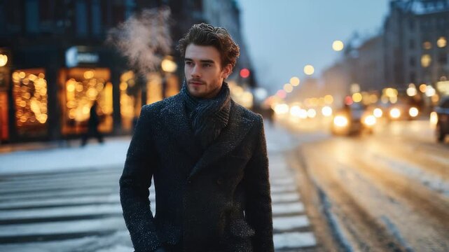 Fashionable man strolls along bustling city crosswalk on cold winter evening, with glowing lights, blurred traffic in background. Scene highlights modern urban style, seasonal ambiance
