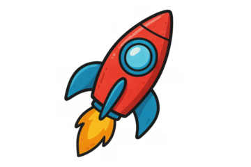 Red cartoon rocket launching with fire flame, representing startup success, business growth, and space exploration journey