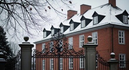 Historic brick mansion with snow on the roof. Ornate wrought iron gate for security. Classic European architecture and luxury real estate. Winter season at a stately home