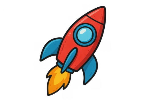 Red cartoon rocket launching with fire flame, representing startup success, business growth, and space exploration journey