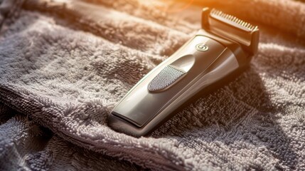 Electric hair clipper on gray towel with sunlight, grooming tool for hair cutting and styling.